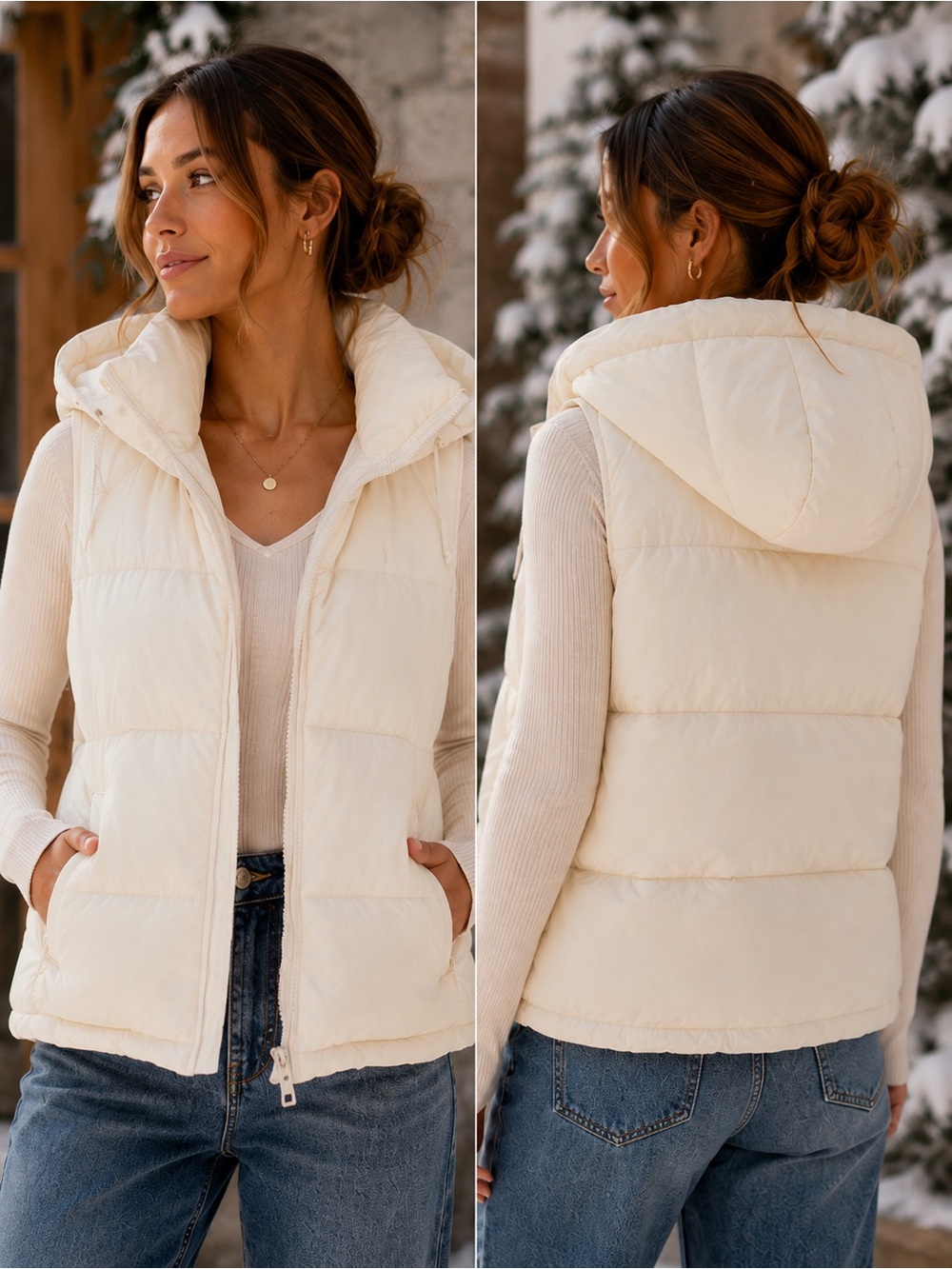 Zara Off-White Hooded Puffer Vest